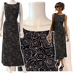 Vintage Spiral Print Sleeveless Midi Shift Dress Size 16 Artsy Black White Boho